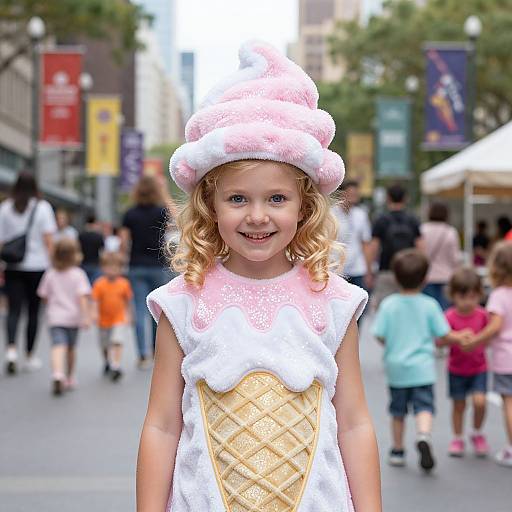 Photograph of a smiling blonde girl in an ice cream-themed costume with a pink hat and white dress, standing in a busy city street with blurred children