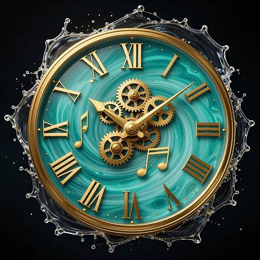 Digital art of a gold clock with blue swirling water background, Roman numerals, and intricate gear mechanisms surrounded by water droplets.
