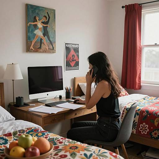 Woman Working at Desk in Bedroom