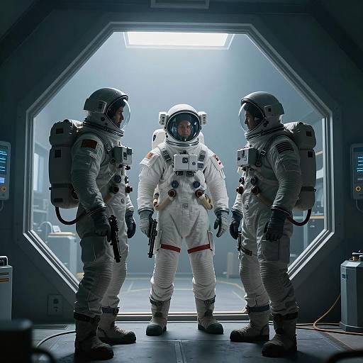 Three Astronauts in Space Suits Standing in Futuristic Room