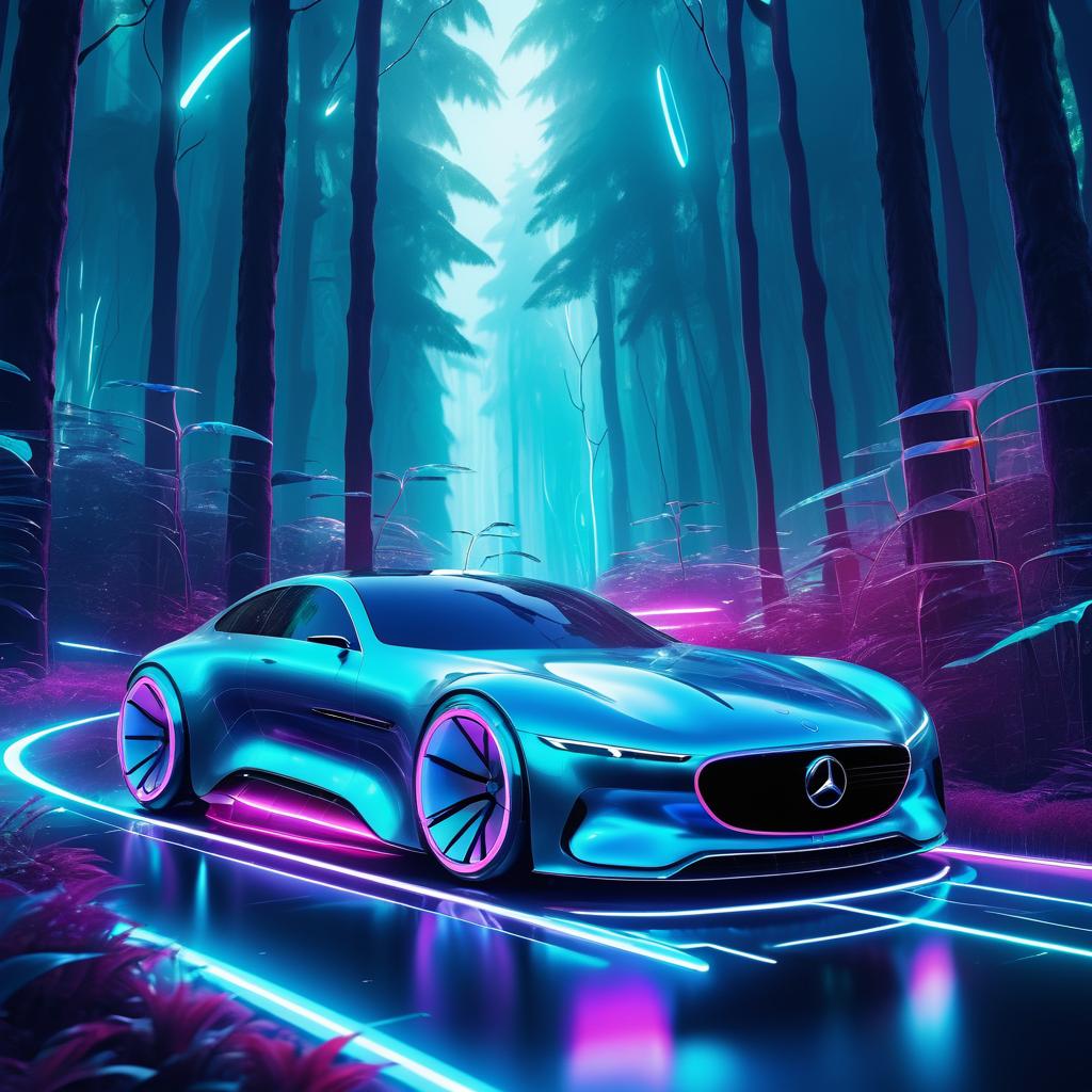 Futuristic Mercedes-Benz Coupe in Bioluminescent Forest