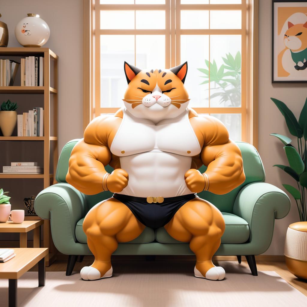 Kawaii Buff Cat in Cozy Living Room