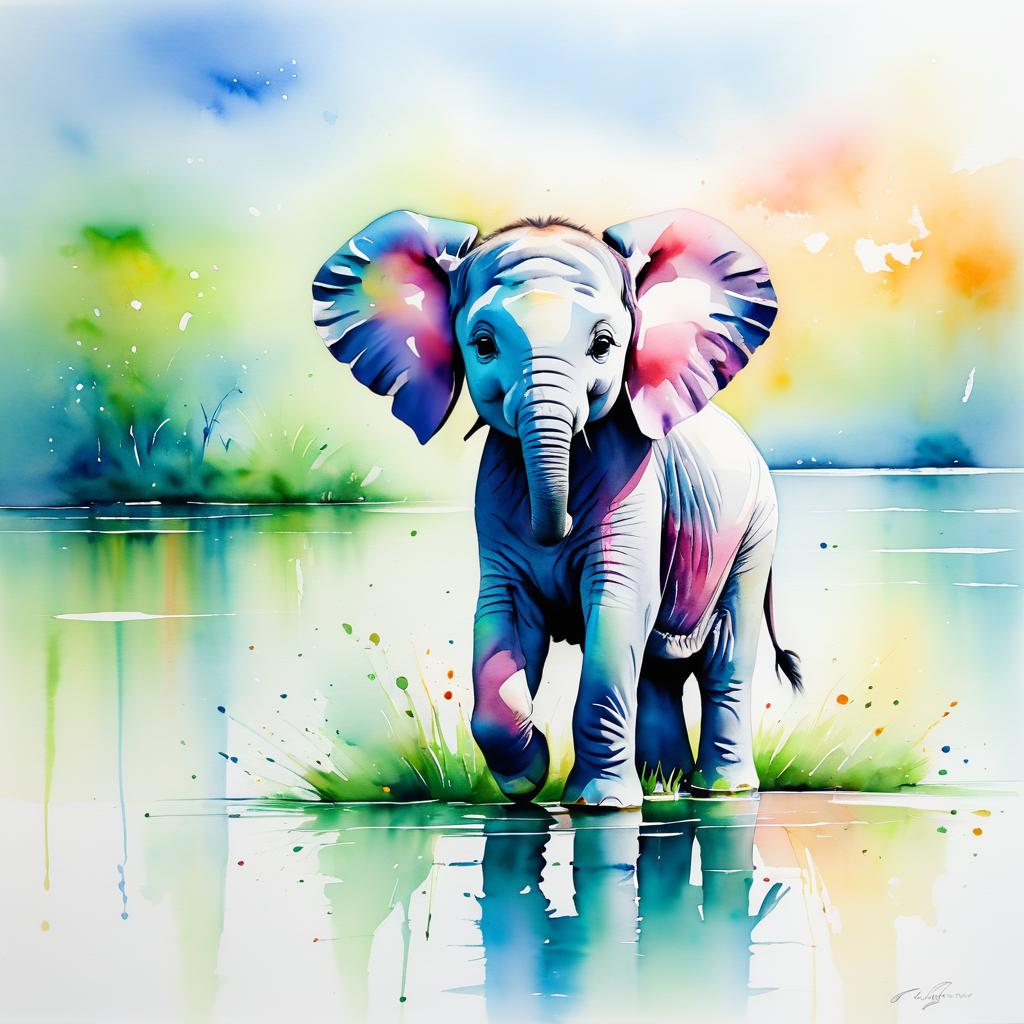 Vibrant Watercolor Baby Elephant Scene