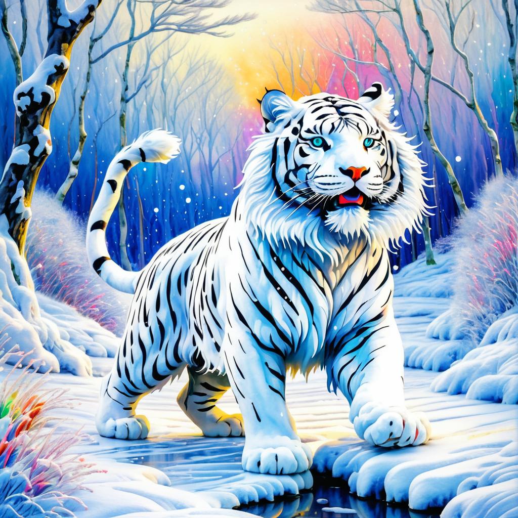 Magical Dancing White Tiger in Snow