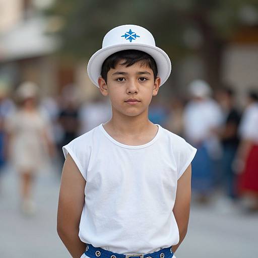 Photograph of a young boy with medium brown skin, short black hair, wearing a white shirt, white hat with blue star, and blue pants,