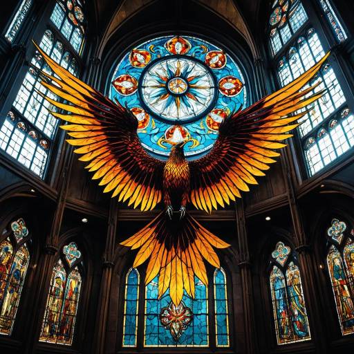 Mystical Firebird Sculpture with Stained Glass Windows