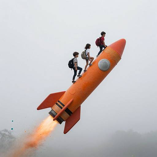 Photograph of three children riding an orange rocket ship, with flames at the base, against a cloudy sky background.