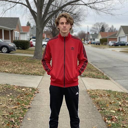 Photograph of a young man with curly brown hair, wearing a red track jacket with black stripes and black pants, standing on a suburban sidewalk with bare