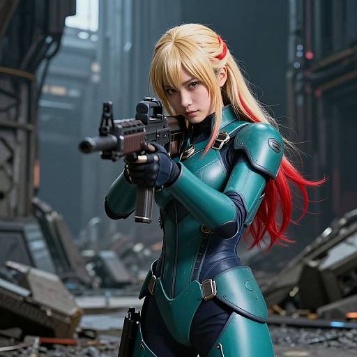 Digital art of a blonde, red-tipped haired woman in teal armor, aiming a sniper rifle in a ruined, industrial, dystopian city.