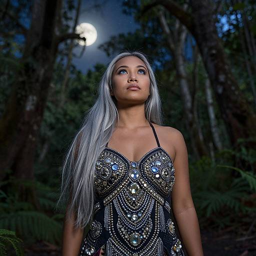 Photograph of a young woman with long silver hair, wearing a black sequin dress, standing in a dark forest at night under a full moon.