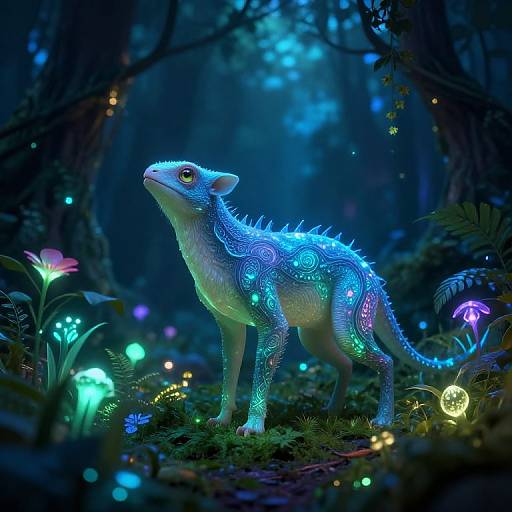 Digital artwork of a glowing, bioluminescent, blue-scaled, mythical creature with intricate neon patterns, standing in a dark, enchanted forest with