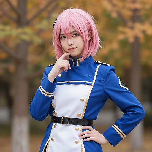 Young woman in blue and white military cosplay with pink hair