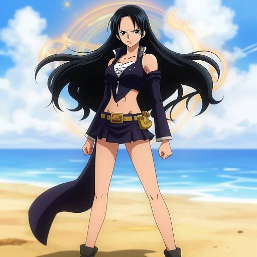 Anime-style digital drawing of a confident, long-haired black-haired girl in a navy schoolgirl outfit with a scarf and belt, standing on a sunny beach