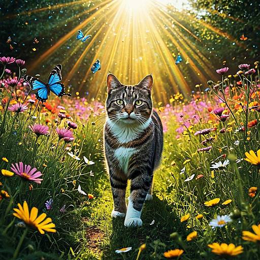 Tabby Cat in Blooming Meadow with Butterflies