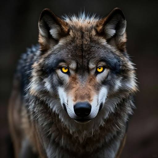 Photographic close-up of a wolf with intense, glowing yellow eyes, detailed fur, and a focused gaze against a dark, blurred background.