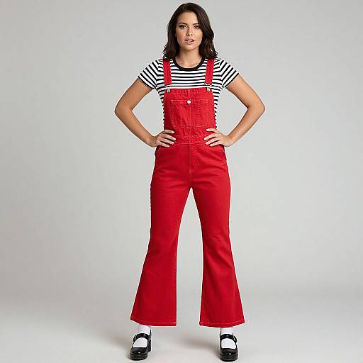 Photograph of a confident woman with dark hair, wearing red overalls, black-and-white striped shirt, black shoes, standing against a plain white background