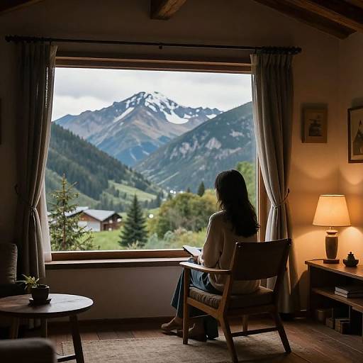 Photograph of a woman with long hair, sitting in a cozy mountain cabin, gazing through a large window at snow-capped mountains and a green