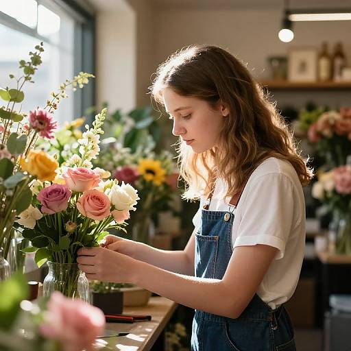 Photograph of a young woman with wavy brown hair, wearing a white shirt and blue denim overalls, arranging colorful flowers in a sunlit flor