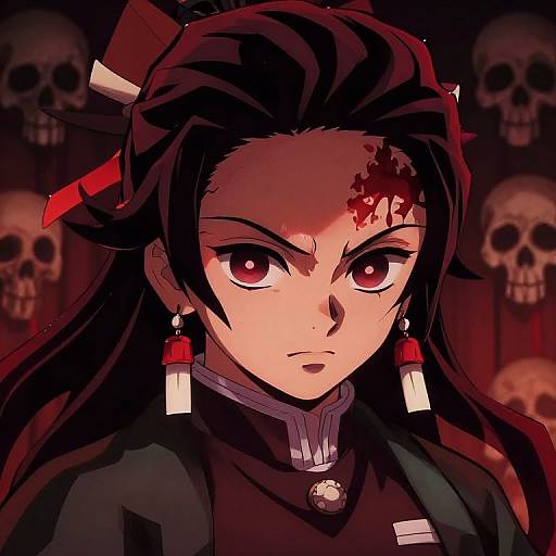 Digital anime-style portrait of a fierce, black-haired woman with red eyes, blood on her forehead, wearing a black uniform with red earrings, against a
