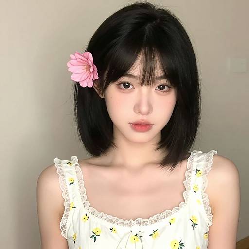 Girl with Black Hair and Floral Dress