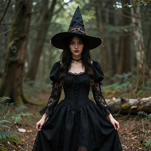 Woman in Traditional Woodland Witch Costume in Forest