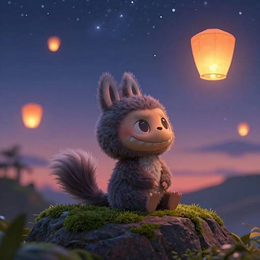 CGI image of a cute, fluffy gray squirrel with large eyes, sitting on a mossy rock at twilight, watching glowing paper lanterns float in
