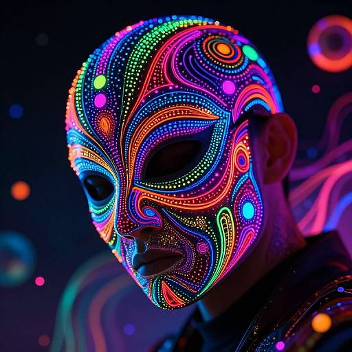 Vibrant photograph of a person's face illuminated with colorful neon patterns, featuring swirling lines and dots in bright blues, pinks, greens, and