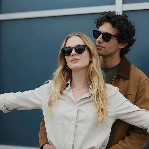 Portrait of Stylish Duo Against Grid Window