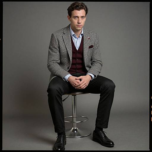 Photograph of a handsome man with short brown hair, wearing a black-and-white checkered blazer, brown vest, blue shirt, black pants,