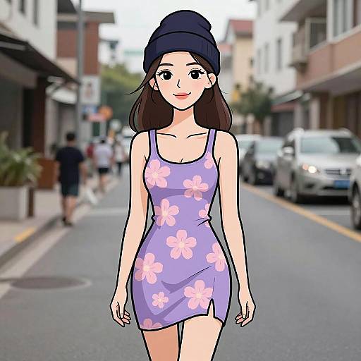 Digital anime-style drawing of a smiling young woman with long brown hair, wearing a black beanie and a purple floral dress, walking down a busy urban