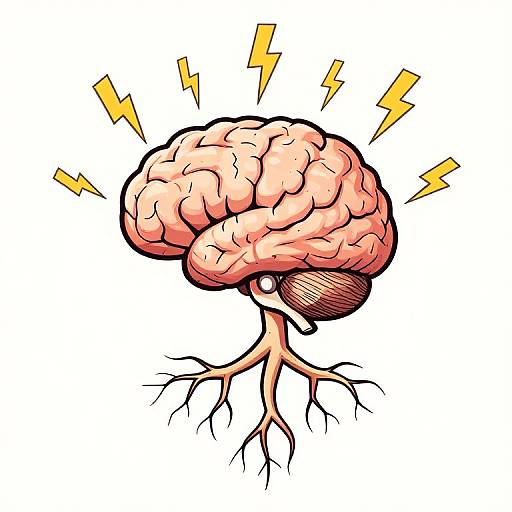 Cartoon-style drawing of a pink, wrinkled brain with black roots and yellow lightning bolts, symbolizing shock or energy. White background.