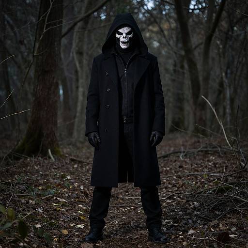 Photograph of a hooded figure in a black coat and gloves, with a white, skull-like mask, standing in a dark, leaf-stre