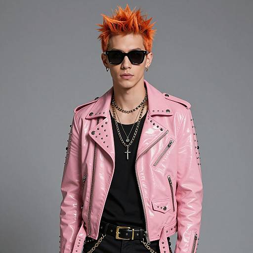 Young man in pink leather jacket with spiky orange hair