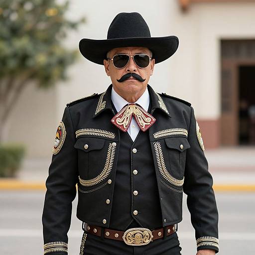 Photograph of an older man in a black cowboy outfit with ornate gold embroidery, black hat, sunglasses, and mustache, standing outdoors.