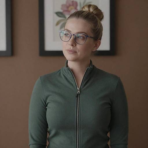 Woman in Green Zip-Up Top with Glasses Indoors