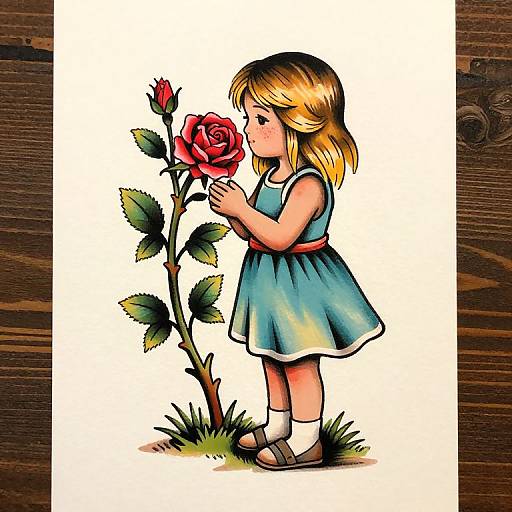 Neo Traditional Girl with Rose