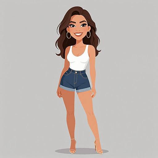 Digital illustration of a smiling woman with long dark hair, wearing a white tank top, high-waisted blue denim shorts, and white heels, against