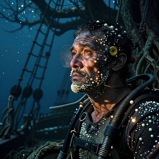 Photorealistic CGI of a rugged, bearded man adorned with glowing bioluminescent dots, wearing scuba gear, in a dark, ship