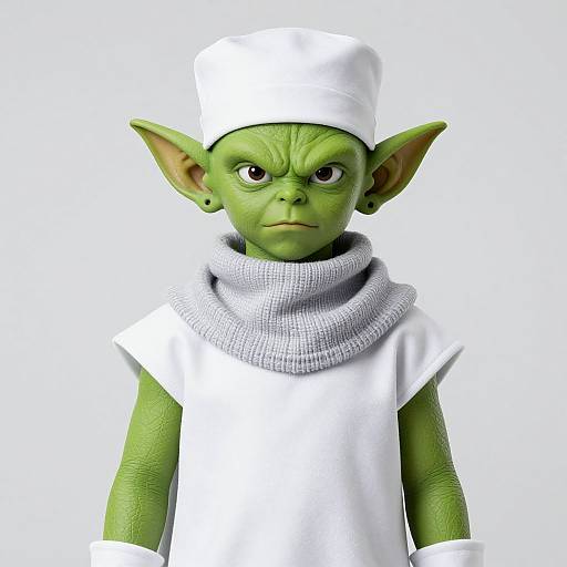 CGI image of a green-skinned goblin child with large ears, wearing a white chef hat and shirt, and a white textured scarf.