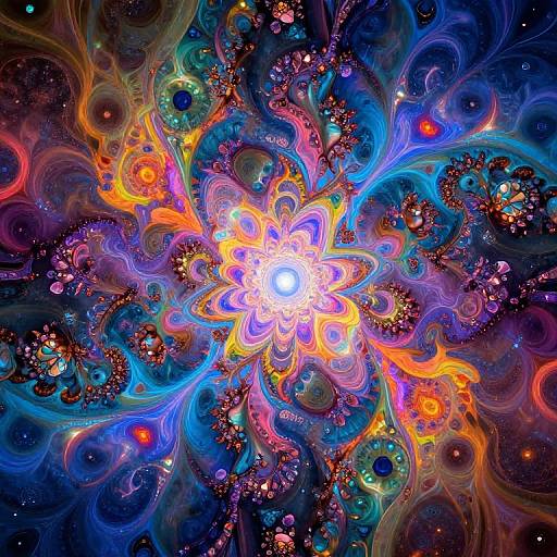 Vibrant digital fractal art with a central glowing white flower-like pattern surrounded by swirling neon blue, purple, orange, and red tendrils,