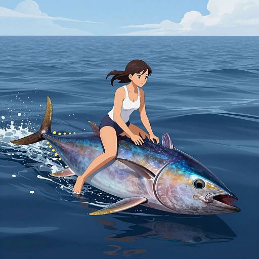 Digital illustration of a brown-haired woman in a white tank top and black shorts riding a large, iridescent fish across a blue ocean under a bright