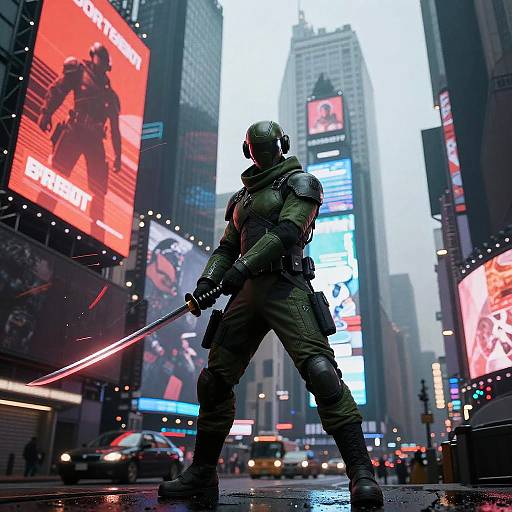 Armored Scout with Katana in Urban Cityscape