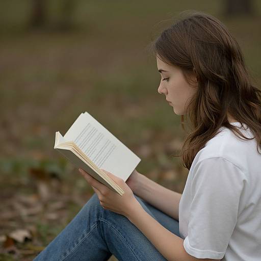 Photograph of a young woman with long brown hair, wearing a white t-shirt and blue jeans, sitting outdoors reading a book.