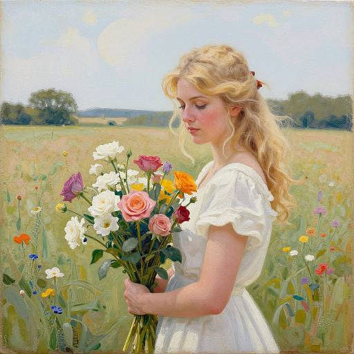 Digital painting of a blonde woman with wavy hair, wearing a white dress, holding a colorful bouquet of roses and wildflowers in a sunlit me