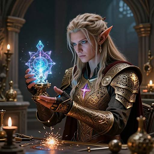 Digital artwork of a blonde, elf-like mage with pointed ears, gold-embellished armor, and glowing blue magic orb, surrounded by candles in