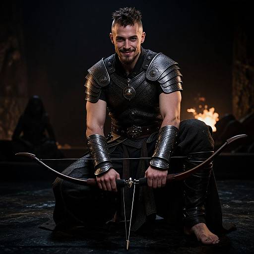 Photograph of a muscular, bearded man in medieval armor, kneeling with a bow and arrow, smiling, dark background with fire.