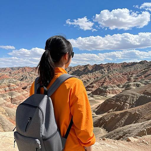 Photograph of an Asian woman with black hair in a ponytail, wearing sunglasses, an orange shirt, and a gray backpack, standing on a rocky