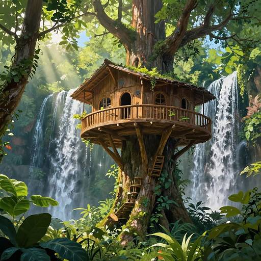 Digital illustration of a wooden treehouse with a balcony, perched on a tall tree, surrounded by lush greenery and a cascading waterfall in a