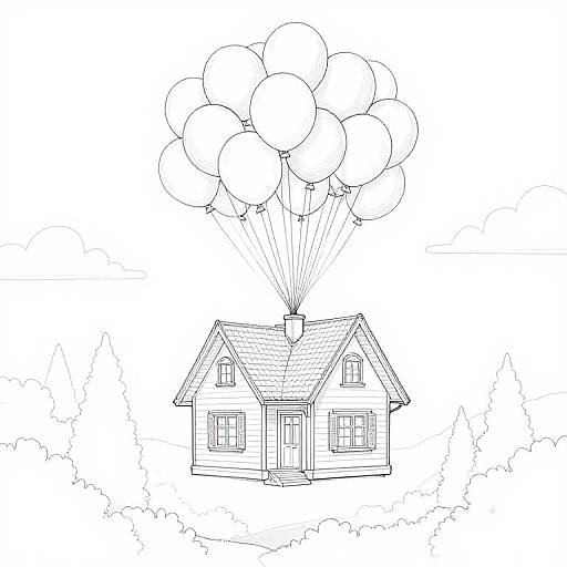 Black-and-white line drawing of a house with a gabled roof, floating in the air, being lifted by a cluster of balloons.