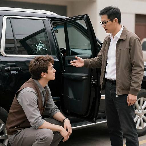 Two Men Discussing Near Broken Car Window
